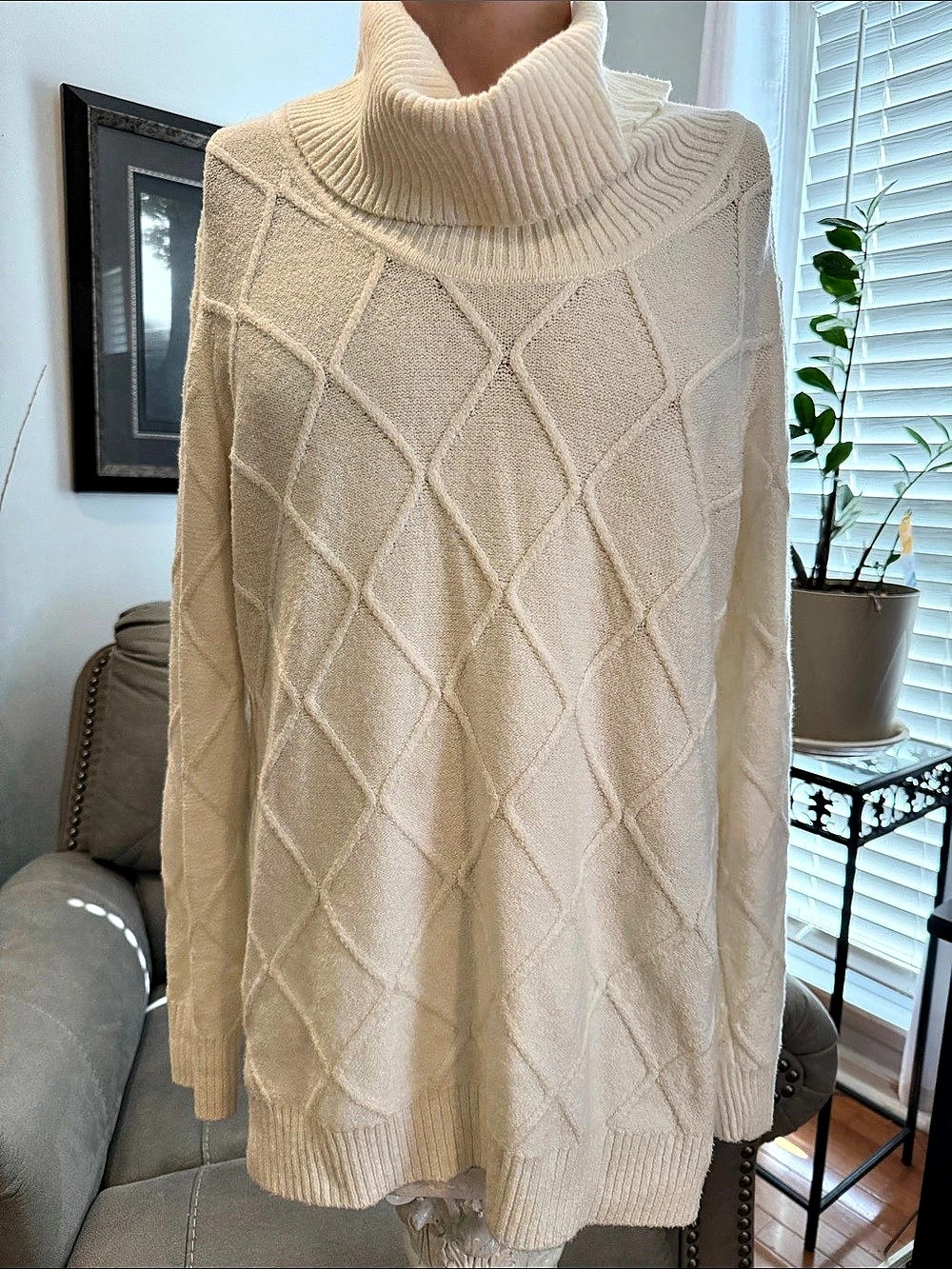 Cream Cowl Neck Geometric Sweater Like New